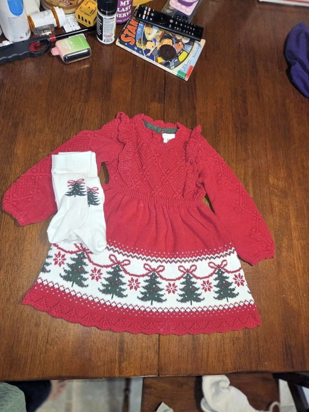 Max Studio Kids Red Christmas Tree Knit Sweater Dress and Socks Set 18m